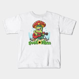 good vibes , funny mushroom frog playing guitar Kids T-Shirt